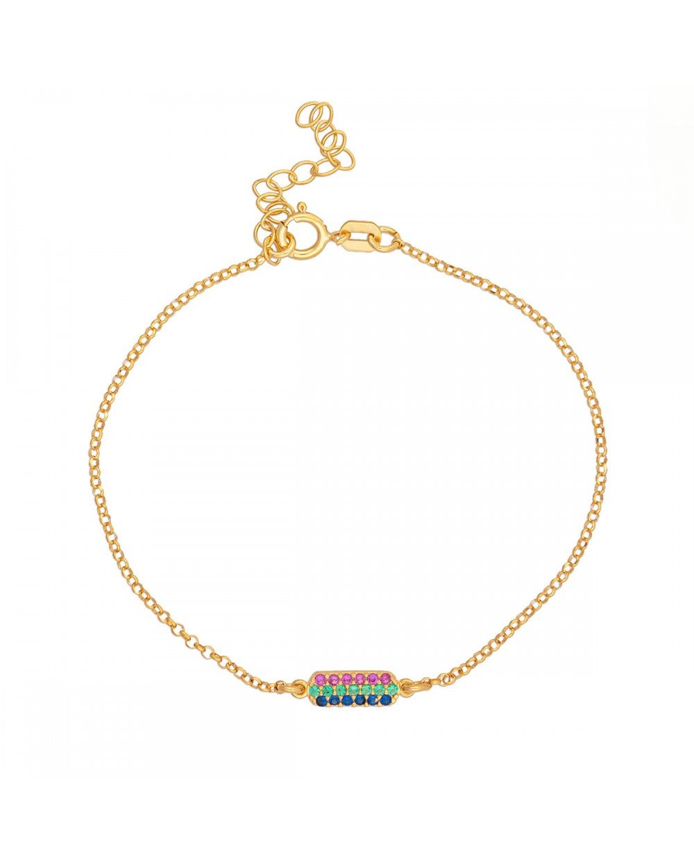 Βραχιόλι της Excite Fashion Jewellery με μοτίφ μπάρα στολισμένη με πολύχρωμα ζιργκόν από επιχρυσωμένο ασήμι 925. B-52-MYLTI-G-55 Κοσμήματα Βραχιόλι της Excite Fashion Jewellery με μοτίφ μπάρα στολισμένη με πολύχρωμα ζιργκόν από επιχρυσωμένο ασήμι 925. B-52-MYLTI-G-55 Κοσμήματα