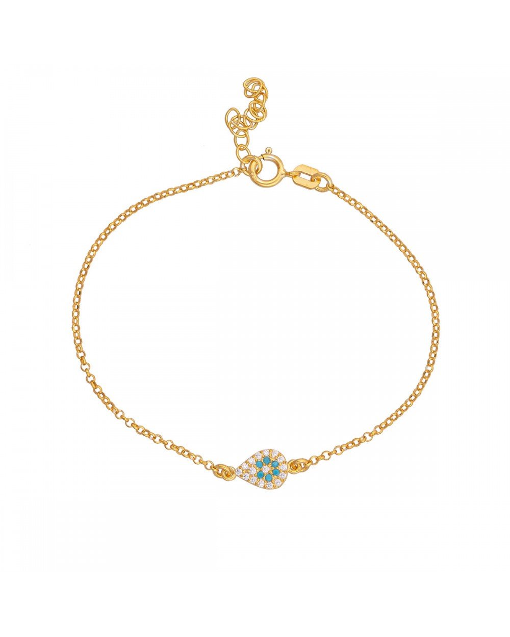 Βραχιόλι της Excite Fashion Jewellery με μοτίφ σταγόνα στολισμένη με λευκά και τυρκουάζ ζιργκόν σε σχέδιο ματάκι από επιχρυσωμένο ασήμι 925. B-53-TYRK-G-6 Κοσμήματα Βραχιόλι της Excite Fashion Jewellery με μοτίφ σταγόνα στολισμένη με λευκά και τυρκουάζ ζιργκόν σε σχέδιο ματάκι από επιχρυσωμένο ασήμι 925. B-53-TYRK-G-6 Κοσμήματα