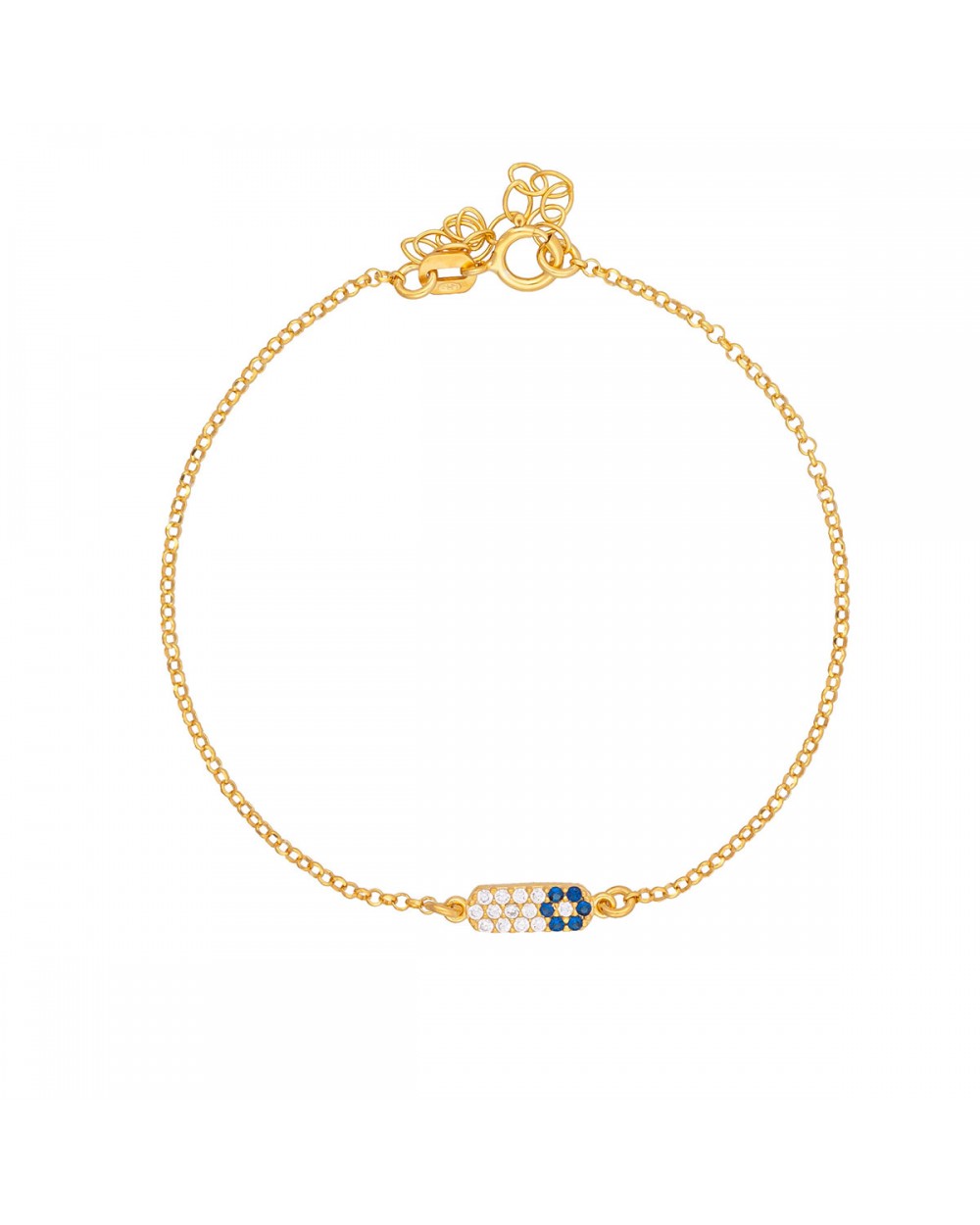 Βραχιόλι της Excite Fashion Jewellery με μοτίφ μπάρα στολισμένη με λευκά και μπλέ ζιργκόν σε σχέδιο ματάκι από επιχρυσωμένο ασήμι 925. B-55-MPLE-G-6 Κοσμήματα Βραχιόλι της Excite Fashion Jewellery με μοτίφ μπάρα στολισμένη με λευκά και μπλέ ζιργκόν σε σχέδιο ματάκι από επιχρυσωμένο ασήμι 925. B-55-MPLE-G-6 Κοσμήματα