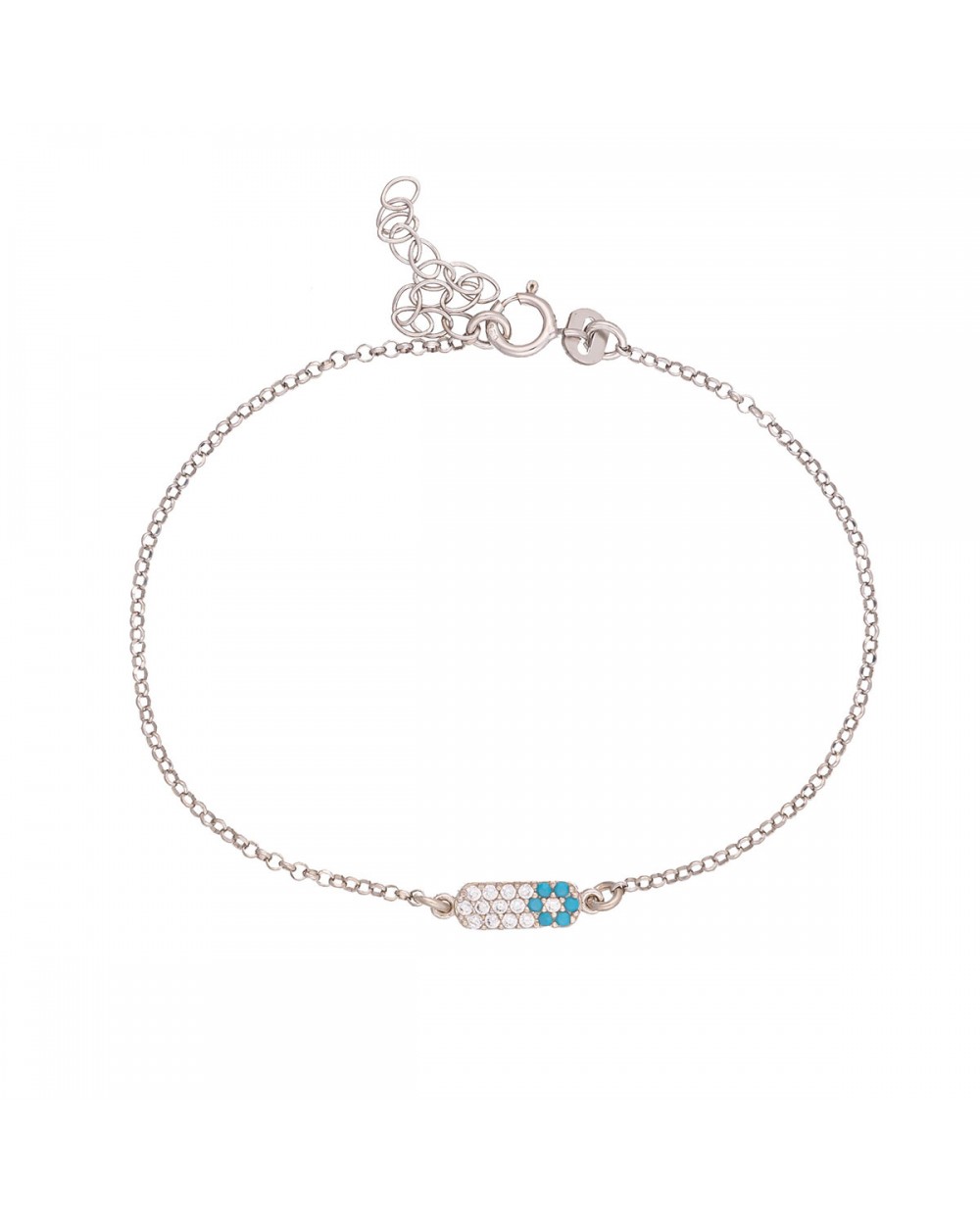 Βραχιόλι της Excite Fashion Jewellery με μοτίφ μπάρα στολισμένη με λευκά και τυρκουάζ  ζιργκόν  σε σχέδιο ματάκι  από επιπλατινωμένο ασήμι 925. B-55-TYRK-S-6 Κοσμήματα