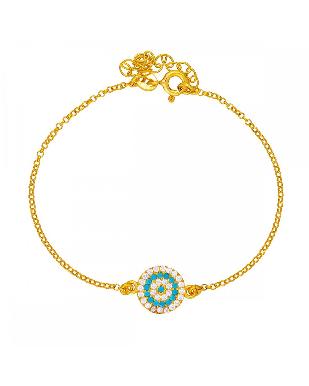 Βραχιόλι ματάκι στόχος της Excite Fashion Jewellery στολισμένο με λευκά και τιρκουάζ ζιργκόν από επιχρυσωμένο ασήμι 925 B-61-TYRK-G-59 Κοσμήματα Βραχιόλι ματάκι στόχος της Excite Fashion Jewellery στολισμένο με λευκά και τιρκουάζ ζιργκόν από επιχρυσωμένο ασήμι 925 B-61-TYRK-G-59 Κοσμήματα