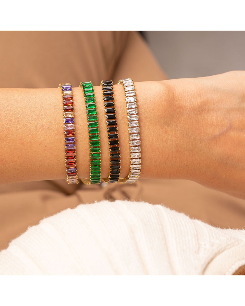 Βραχιόλι Ριβιέρα Excite Fashion Jewellery, με πράσινα ζιργκόν από επιχρυσωμένο ανοξείδωτο ατσάλι. Κοσμήματα Βραχιόλι Ριβιέρα Excite Fashion Jewellery, με πράσινα ζιργκόν από επιχρυσωμένο ανοξείδωτο ατσάλι. Κοσμήματα