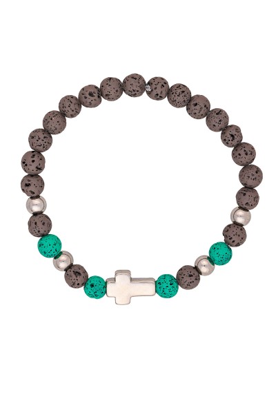 Ανδρικό βραχιόλι της Excite Fashion Jewellery, μαύρες και πράσινες χάνδρες λάβα, ασημί σταυρός και  μεταλλικές χάνδρες από ανοξείδωτο ατσάλι. BA-1-02 Ανδρικό βραχιόλι της Excite Fashion Jewellery, μαύρες και πράσινες χάνδρες λάβα, ασημί σταυρός και  μεταλλικές χάνδρες από ανοξείδωτο ατσάλι. BA-1-02
