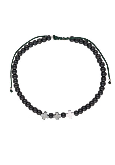 Ανδρικό βραχιόλι  μακραμέ της Excite Fashion Jewellery, μαύρες χάντρες και ατσάλινοι ασημί σταυροί. BA-14-06 Ανδρικό βραχιόλι  μακραμέ της Excite Fashion Jewellery, μαύρες χάντρες και ατσάλινοι ασημί σταυροί. BA-14-06