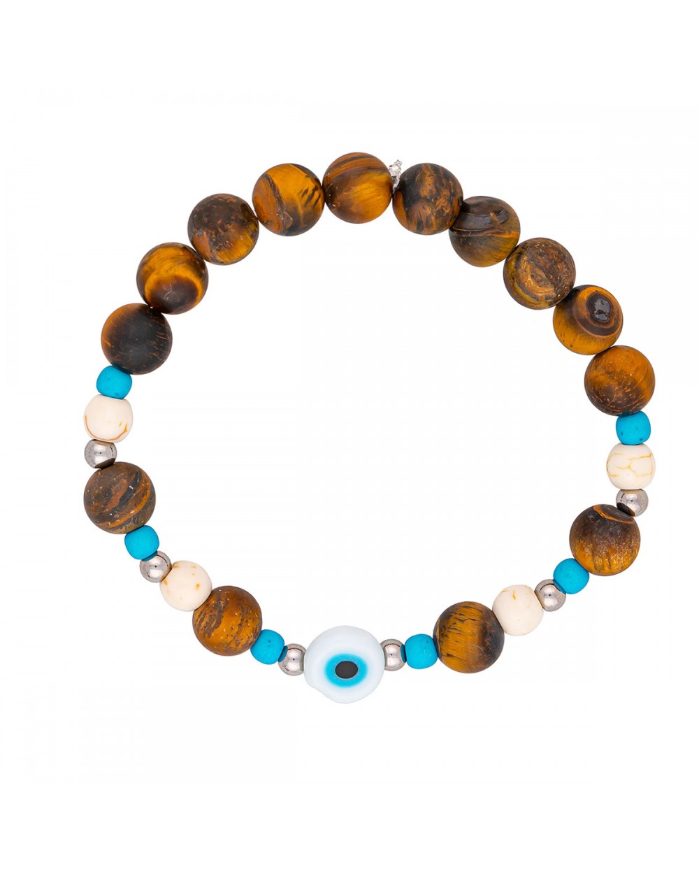 Ανδρικό ελαστικό βραχιόλι της Excite Fashion Jewellery, καφέ ξύλινες χάνδρες, τιρκουάζ,  λευκές, ασημί μπίλιες και λευκό ματάκι. BA-18-17 Κοσμήματα