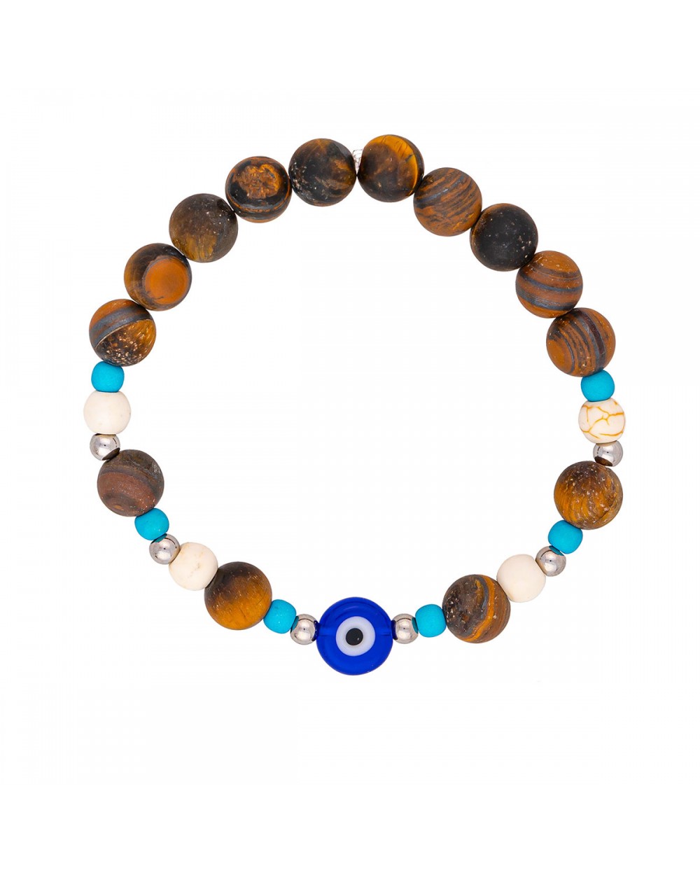 Ανδρικό ελαστικό βραχιόλι της Excite Fashion Jewellery, μπλέ ματάκι, καφέ ξύλινες χάνδρες, τιρκουάζ,  λευκές, ασημί μπίλιες. BA-18-21 Κοσμήματα