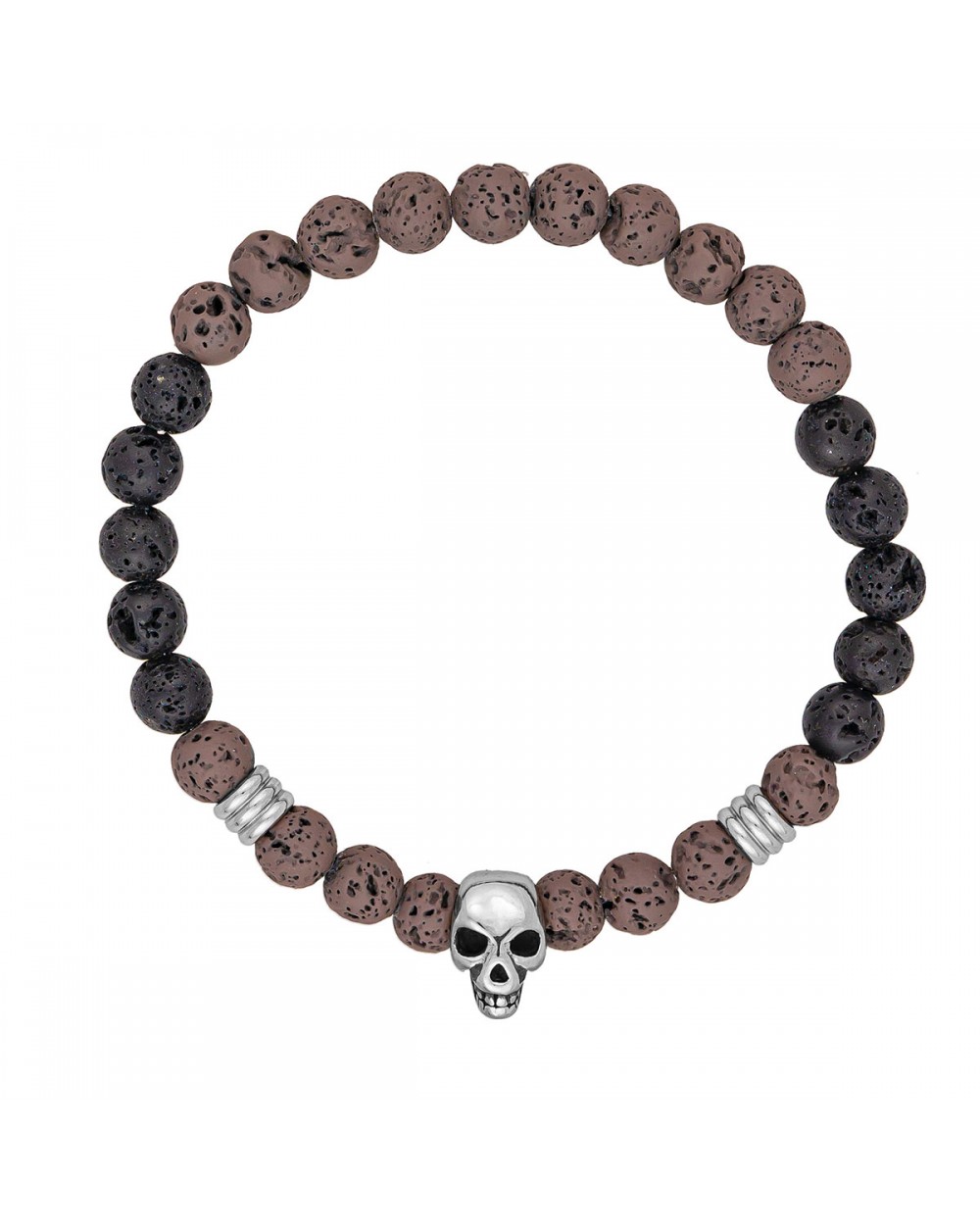 Ανδρικό βραχιόλι της Excite Fashion Jewellery, μαύρες και taupe χάνδρες λάβα, ασημί στοιχείο νεκροκεφαλή  και μεταλλικές ροδέλες από ανοξείδωτο ατσάλι. BA-2-02 Κοσμήματα