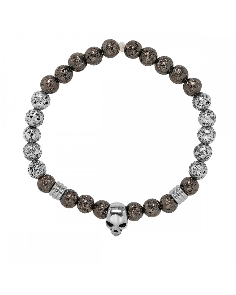 Ανδρικό βραχιόλι της Excite Fashion Jewellery, ασημί και ανθρακί χάνδρες λάβα, ασημί στοιχείο νεκροκεφαλή και μεταλλικές ροδέλες από ανοξείδωτο ατσάλι. BA-2-06 Κοσμήματα