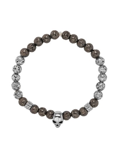 Ανδρικό βραχιόλι της Excite Fashion Jewellery, ασημί και ανθρακί χάνδρες λάβα, ασημί στοιχείο νεκροκεφαλή και μεταλλικές ροδέλες από ανοξείδωτο ατσάλι. BA-2-06 Ανδρικό βραχιόλι της Excite Fashion Jewellery, ασημί και ανθρακί χάνδρες λάβα, ασημί στοιχείο νεκροκεφαλή και μεταλλικές ροδέλες από ανοξείδωτο ατσάλι. BA-2-06