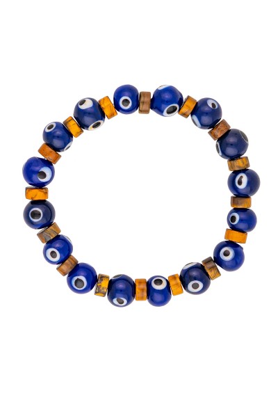 Ανδρικό ελαστικό βραχιόλι της Excite Fashion Jewellery, μπλέ χάνδρες ματάκια και καφέ ροδέλες. BA-21-04 Ανδρικό ελαστικό βραχιόλι της Excite Fashion Jewellery, μπλέ χάνδρες ματάκια και καφέ ροδέλες. BA-21-04