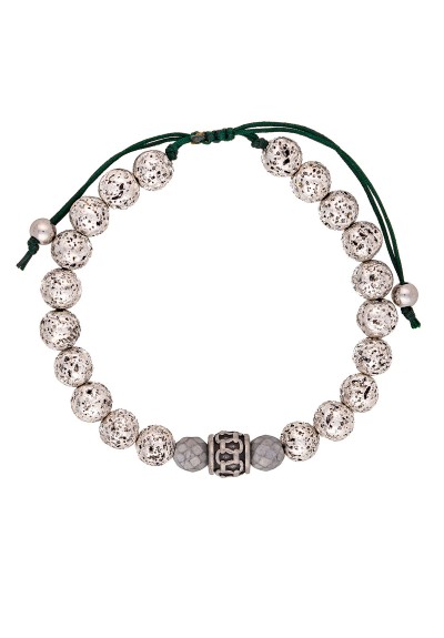Ανδρικό βραχιόλι  μακραμέ της Excite Fashion Jewellery, ασημί χάντρες λάβας, μεταλλικό ανάγλυφο στοιχείο, και ματάκι. BA-25-31 Ανδρικό βραχιόλι  μακραμέ της Excite Fashion Jewellery, ασημί χάντρες λάβας, μεταλλικό ανάγλυφο στοιχείο, και ματάκι. BA-25-31