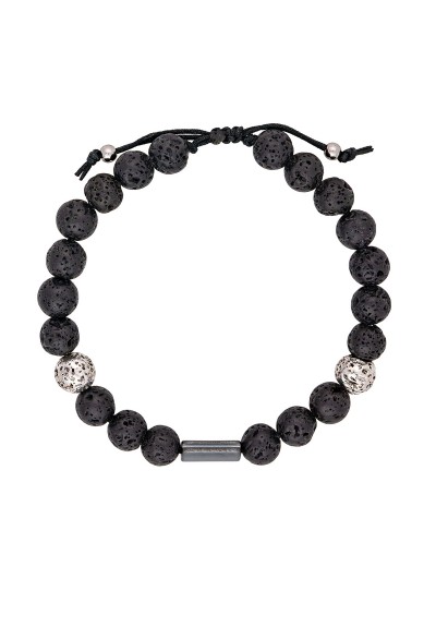 Ανδρικό βραχιόλι  μακραμέ της Excite Fashion Jewellery, μαύρες, ασημί χάνδρες λάβα, μεταλλική μπάρα, από ανοξείδωτο ατσάλι. BA-4-06 Ανδρικό βραχιόλι  μακραμέ της Excite Fashion Jewellery, μαύρες, ασημί χάνδρες λάβα, μεταλλική μπάρα, από ανοξείδωτο ατσάλι. BA-4-06