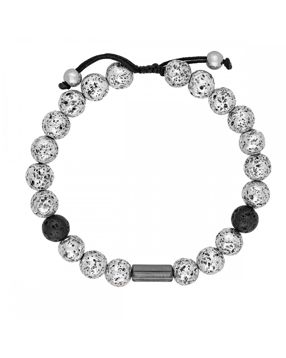 Ανδρικό βραχιόλι  μακραμέ της Excite Fashion Jewellery, ασημί και μαύρες χάνδρες λάβα, μεταλλική μπάρα, από ανοξείδωτο ατσάλι. BA-4-31 Κοσμήματα