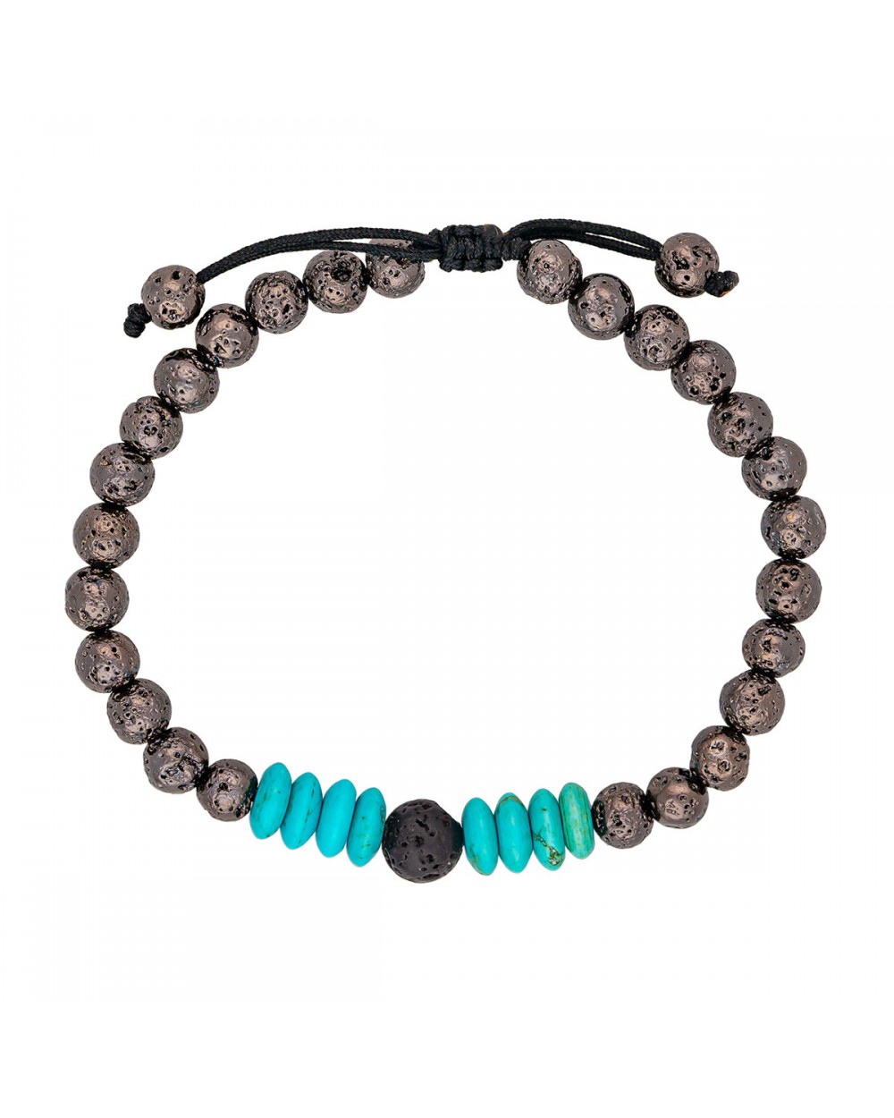 Ανδρικό βραχιόλι  μακραμέ της Excite Fashion Jewellery, μαύρες χάνδρες λάβα, τιρκουάζ ροδέλες. BA-5-06 Κοσμήματα