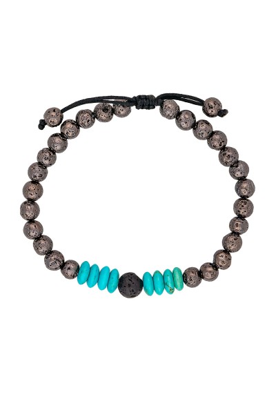 Ανδρικό βραχιόλι  μακραμέ της Excite Fashion Jewellery, μαύρες χάνδρες λάβα, τιρκουάζ ροδέλες. BA-5-06 Ανδρικό βραχιόλι  μακραμέ της Excite Fashion Jewellery, μαύρες χάνδρες λάβα, τιρκουάζ ροδέλες. BA-5-06
