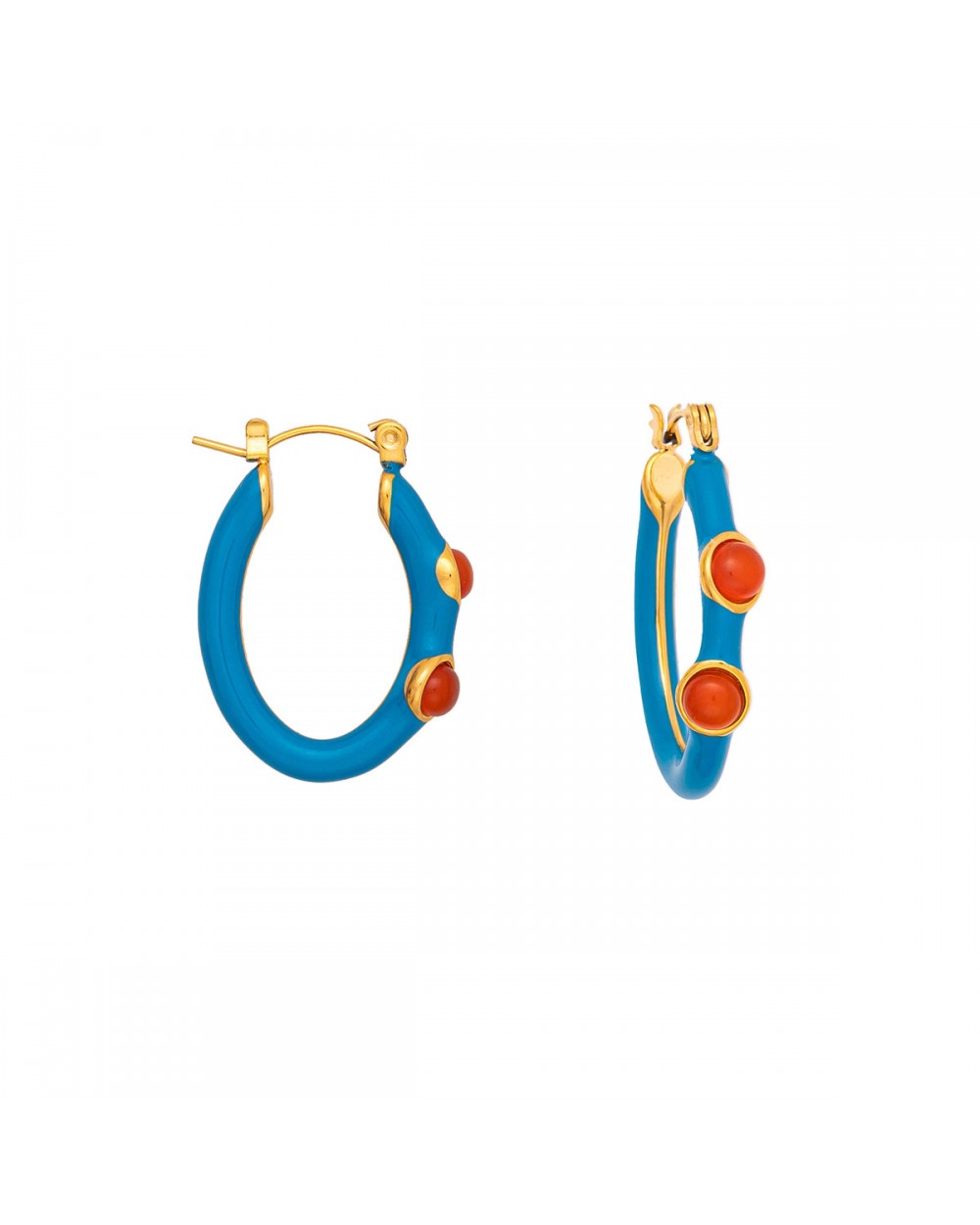Κρίκοι  από την Excite Fashion Jewellery, με σμάλτο aqua και πορτοκαλί πέτρες από ανοξείδωτο (δεν μαυρίζει) επιχρυσωμένο ατσάλι. E-YH2122A-BLUE-G-79 Κοσμήματα