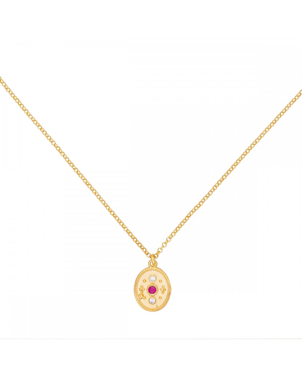 Κολιέ excite fashion jewellery με οβάλ κρεμαστό ανάγλυφο μοτιφ στολισμένο με λευκά και κόκκινα κρυσταλάκια από επιχρυσωμένο ασήμι 925 K-124-AS-KOK-G-89 Κοσμήματα