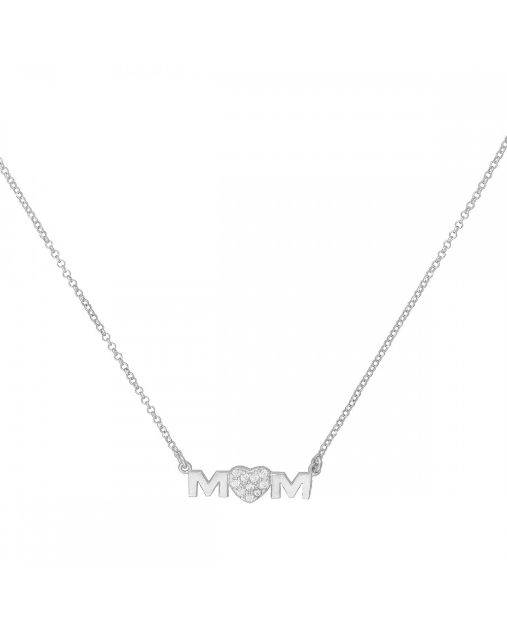 Κολιέ MOM - MAMA  excite fashion jewellery απο επιπλατινωμένο ασήμι 925 και καρδιά με λευκά ζιργκον K-128-AS-S-105 Κοσμήματα