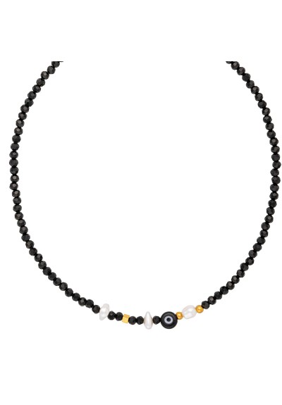 Κολιέ χειροποίητο, με μαύρες γυάλινες χάνδρες, ματάκι, περλίτσα και επίχρυσα στοιχεία, της Excite Fashion Jewellery. K-1435-07-10-6 Κολιέ χειροποίητο, με μαύρες γυάλινες χάνδρες, ματάκι, περλίτσα και επίχρυσα στοιχεία, της Excite Fashion Jewellery. K-1435-07-10-6