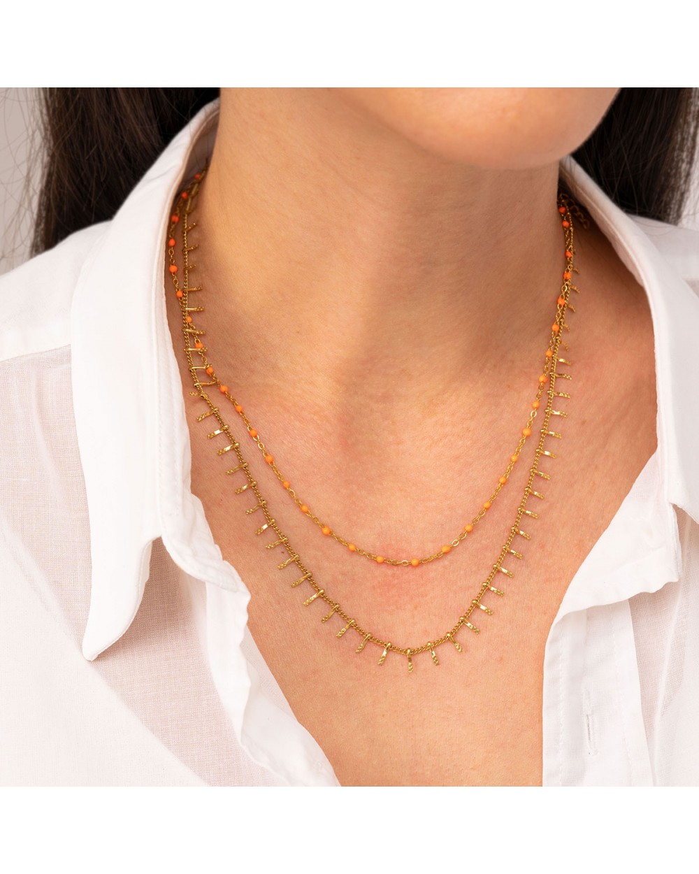 Κολιέ Excite Fashion Jewellery πορτοκαλί ροζάριο και ατσάλινη αλυσίδα με μπάρες. K-1619-01-22-97 Κοσμήματα Κολιέ Excite Fashion Jewellery πορτοκαλί ροζάριο και ατσάλινη αλυσίδα με μπάρες. K-1619-01-22-97 Κοσμήματα