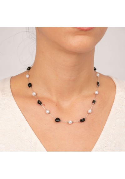 Χειροποίητο κολιέ, με πέρλες και ημιπολύτιμες μαύρες πέτρες  από επιπλατινωμένο ανοξείδωτο ατσάλι (δεν μαυρίζει), της Excite Fashion Jewellery. K-1763-03-06-8 Χειροποίητο κολιέ, με πέρλες και ημιπολύτιμες μαύρες πέτρες  από επιπλατινωμένο ανοξείδωτο ατσάλι (δεν μαυρίζει), της Excite Fashion Jewellery. K-1763-03-06-8