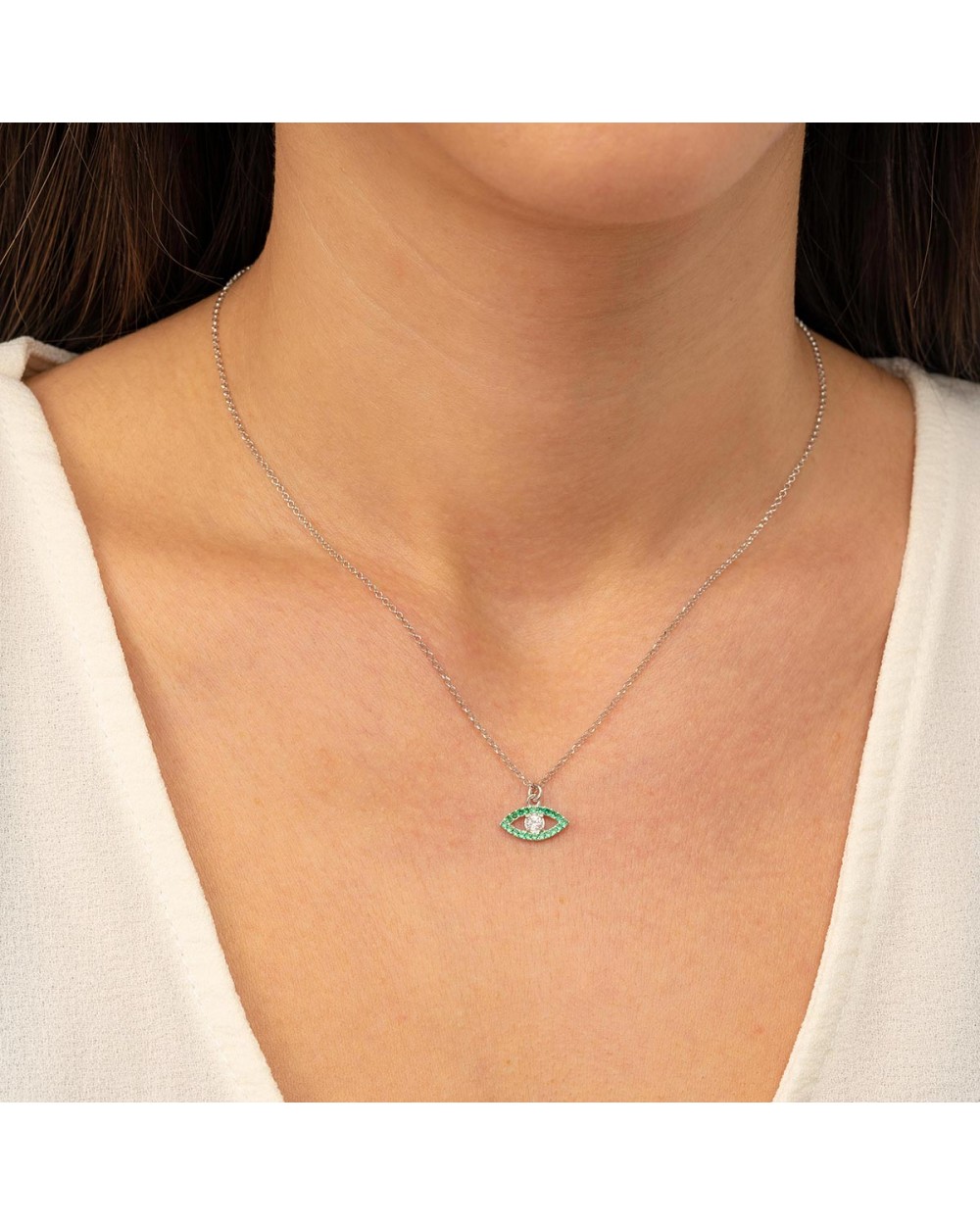 Κολιέ ματάκι Excite Fashion Jewellery με πράσινα ζιργκόν και ένα λευκό στο κέντρο,  από επιπλατινωμένο ασήμι 925. K-27-12-S-76 Κοσμήματα