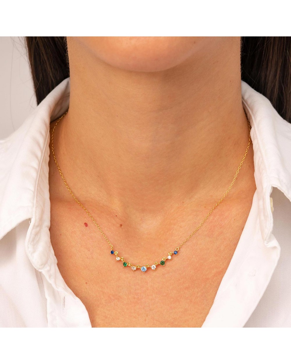 Κομψό κολιέ  Excite fashion Jewellery, με  γαλαζοπράσινα και λευκά ζιργκόν από επιχρυσωμένο ασήμι 925. K-7-1-G-125 Κοσμήματα