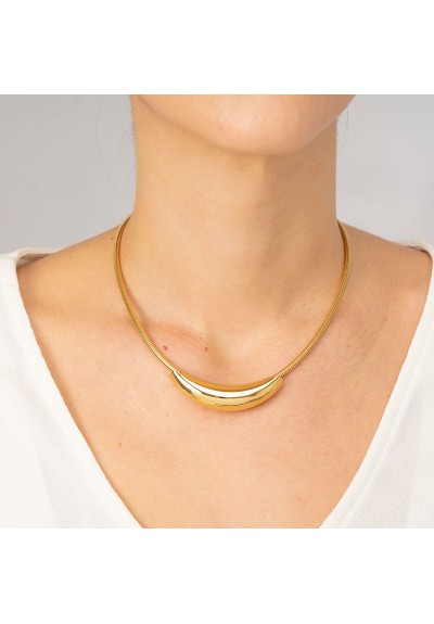 Εντυπωσιακό κολιέ με πομπέ οβάλ σωλήνα και σπιράλ αλυσίδα από επιχρυσωμένο ανοξείδωτο ατσάλι της  Excite fashion jewellery, N-387A-G