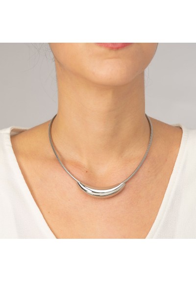 Εντυπωσιακό κολιέ με πομπέ οβάλ σωλήνα και σπιράλ αλυσίδα από επιπλατινωμένο ανοξείδωτο ατσάλι της  Excite fashion jewellery, N-387A-S
