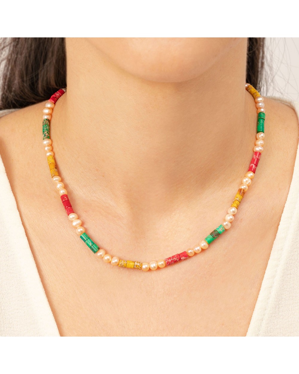 Κολιέ με πέρλες και πολύχρωμες πέτρες -Excite Fashion Jewellery. N-712-G Κοσμήματα Κολιέ με πέρλες και πολύχρωμες πέτρες -Excite Fashion Jewellery. N-712-G Κοσμήματα