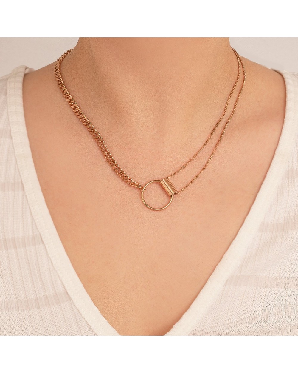 Modern short necklace with double chain on one side made of stainless steel. Available in Silver, gold, rose gold colors. N-89-058RG Κοσμήματα Modern short necklace with double chain on one side made of stainless steel. Available in Silver, gold, rose gold colors. N-89-058RG Κοσμήματα