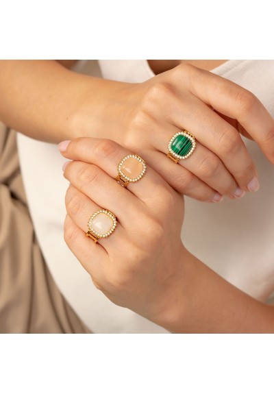 Ατσάλινο Δαχτυλίδι Επίχρυσο  με μπέζ Πέτρα και Στρας της Excite Fashion Jewellery  R-4868-G