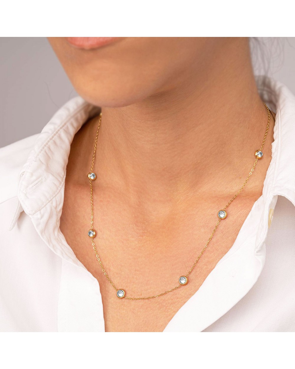 Κολιέ αλυσίδα Excite Fashion Jewellery με λευκά ζιργκόν από ανοξείδωτο επιχρυσωμένο ατσάλι. N-YH986A-G-75 Κοσμήματα Κολιέ αλυσίδα Excite Fashion Jewellery με λευκά ζιργκόν από ανοξείδωτο επιχρυσωμένο ατσάλι. N-YH986A-G-75 Κοσμήματα