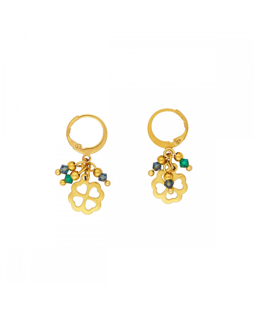 Κρικάκια Excite Fashion Jewellery, με κρεμαστό στοιχείο τριφύλλι, από ανοξείδωτο επιχρυσωμένο ατσάλι διακοσμημένα με πράσινα και μπλέ κρυσταλλάκια. S-1711-01-02-59 Κοσμήματα Κρικάκια Excite Fashion Jewellery, με κρεμαστό στοιχείο τριφύλλι, από ανοξείδωτο επιχρυσωμένο ατσάλι διακοσμημένα με πράσινα και μπλέ κρυσταλλάκια. S-1711-01-02-59 Κοσμήματα