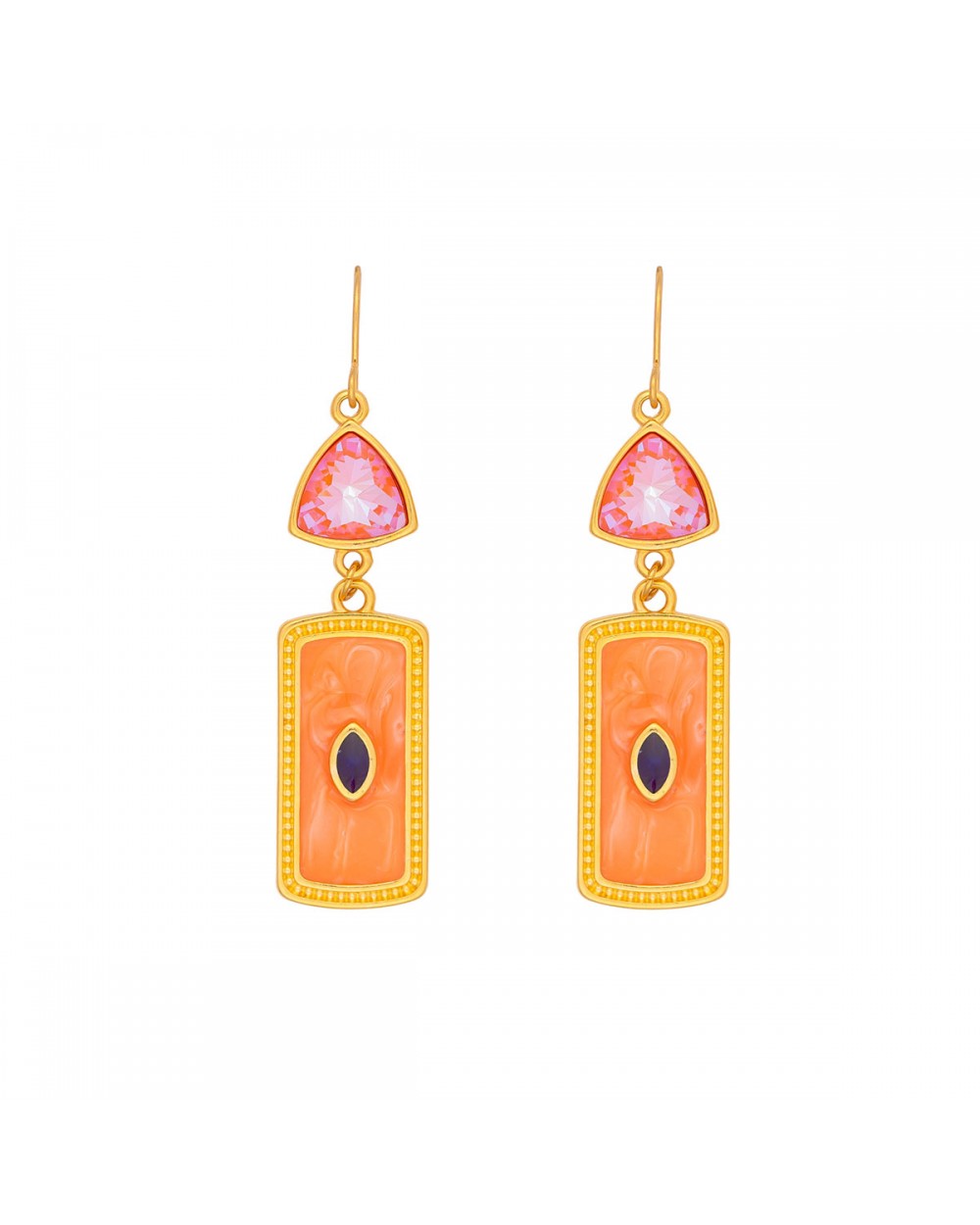 Χειροποίητα κρεμαστά σκουλαρίκια από την Excite Fashion Jewellery στολισμένα με φούξια κρύσταλλο και μοτίφ  με πορτοκαλί σμάλτο. S-1727-01-23-89 Κοσμήματα