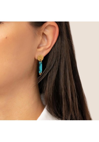 Κομψά κρεμαστά σκουλαρίκια της Excite Fashion Jewellery, επίχρυσο στρογγυλό στοιχείο, τιρκουάζ κρύσταλλο, από ανοξείδωτο ατσάλι. S-1765-07 Κομψά κρεμαστά σκουλαρίκια της Excite Fashion Jewellery, επίχρυσο στρογγυλό στοιχείο, τιρκουάζ κρύσταλλο, από ανοξείδωτο ατσάλι. S-1765-07