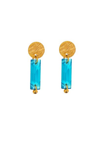 Κομψά κρεμαστά σκουλαρίκια της Excite Fashion Jewellery, επίχρυσο στρογγυλό στοιχείο, τιρκουάζ κρύσταλλο, από ανοξείδωτο ατσάλι. S-1765-07 Κομψά κρεμαστά σκουλαρίκια της Excite Fashion Jewellery, επίχρυσο στρογγυλό στοιχείο, τιρκουάζ κρύσταλλο, από ανοξείδωτο ατσάλι. S-1765-07