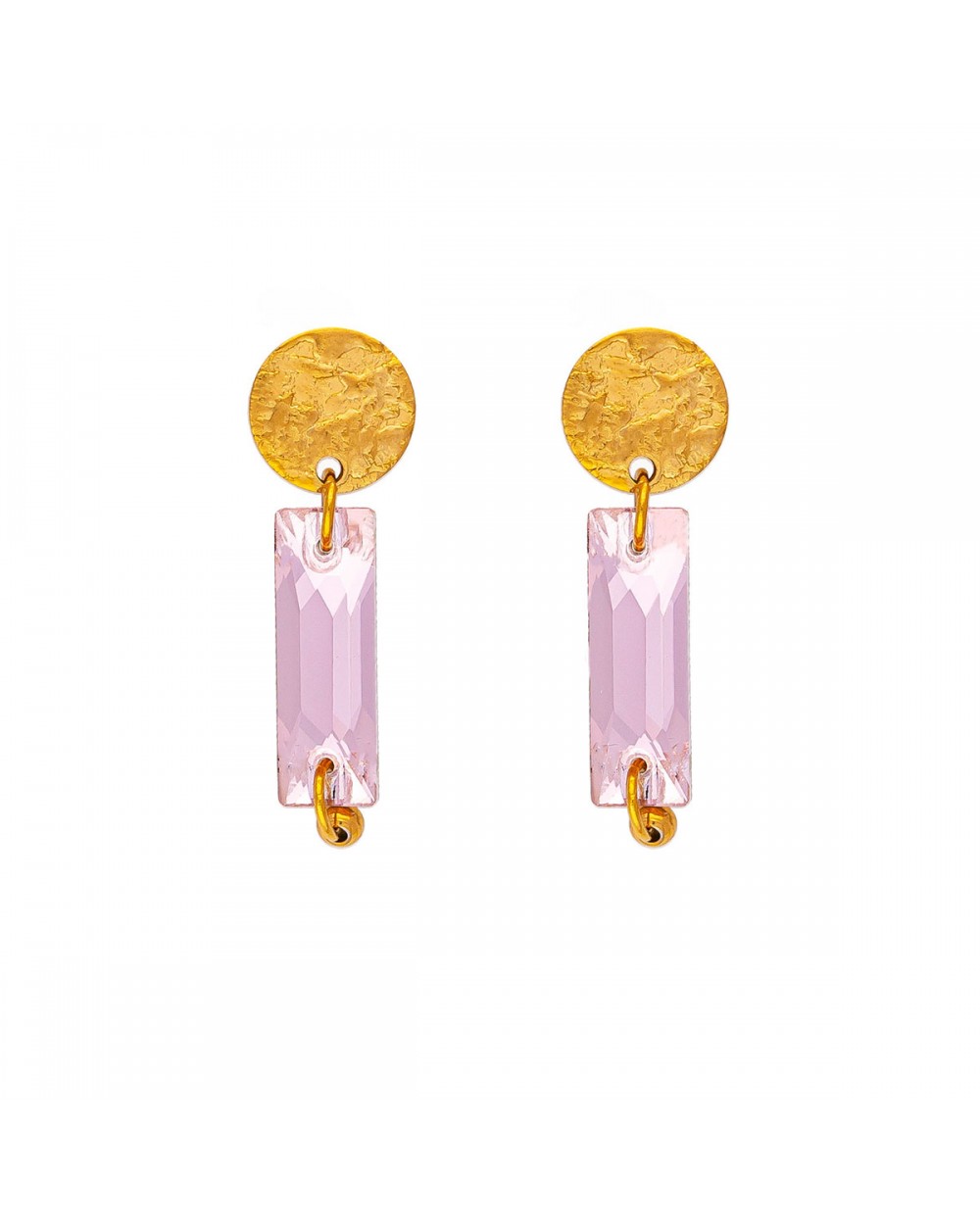 Κομψά κρεμαστά σκουλαρίκια της Excite Fashion Jewellery, επίχρυσο στρογγυλό στοιχείο, ροζ κρεμαστό κρυσταλλο, από ανοξείδωτο ατσάλι. S-1765-11 Κοσμήματα