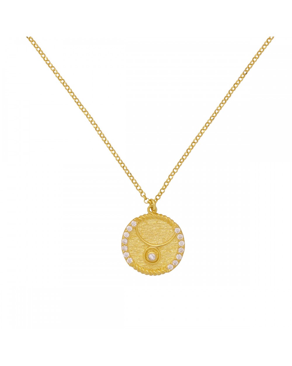 Κολιέ με το ζώδιο του Ταύρου Excite fashion Jewellery σε ανάγλυφο μοτίφ με λευκά ζιργκόν από επιχρυσωμένο ασήμι 925. Z-TAYRUS-AS-G-99 Κοσμήματα Κολιέ με το ζώδιο του Ταύρου Excite fashion Jewellery σε ανάγλυφο μοτίφ με λευκά ζιργκόν από επιχρυσωμένο ασήμι 925. Z-TAYRUS-AS-G-99 Κοσμήματα